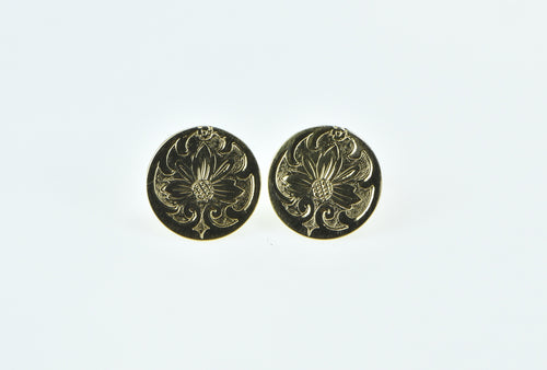 14K Flower Engraved Vintage Circle Fashion Stud Earrings Yellow Gold