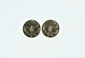 14K Flower Engraved Vintage Circle Fashion Stud Earrings Yellow Gold