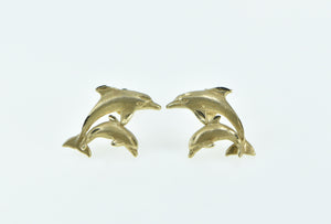 14K Jumping Dolphin Vintage Ocean Motif Stud Earrings Yellow Gold