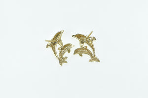 14K Jumping Dolphin Vintage Ocean Motif Stud Earrings Yellow Gold