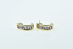 10K Pink Topaz Diamond Curved Bar Semi Hoop Earrings Yellow Gold