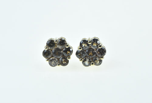 10K Round Smoky Quartz Flower Vintage Cluster Earrings Yellow Gold