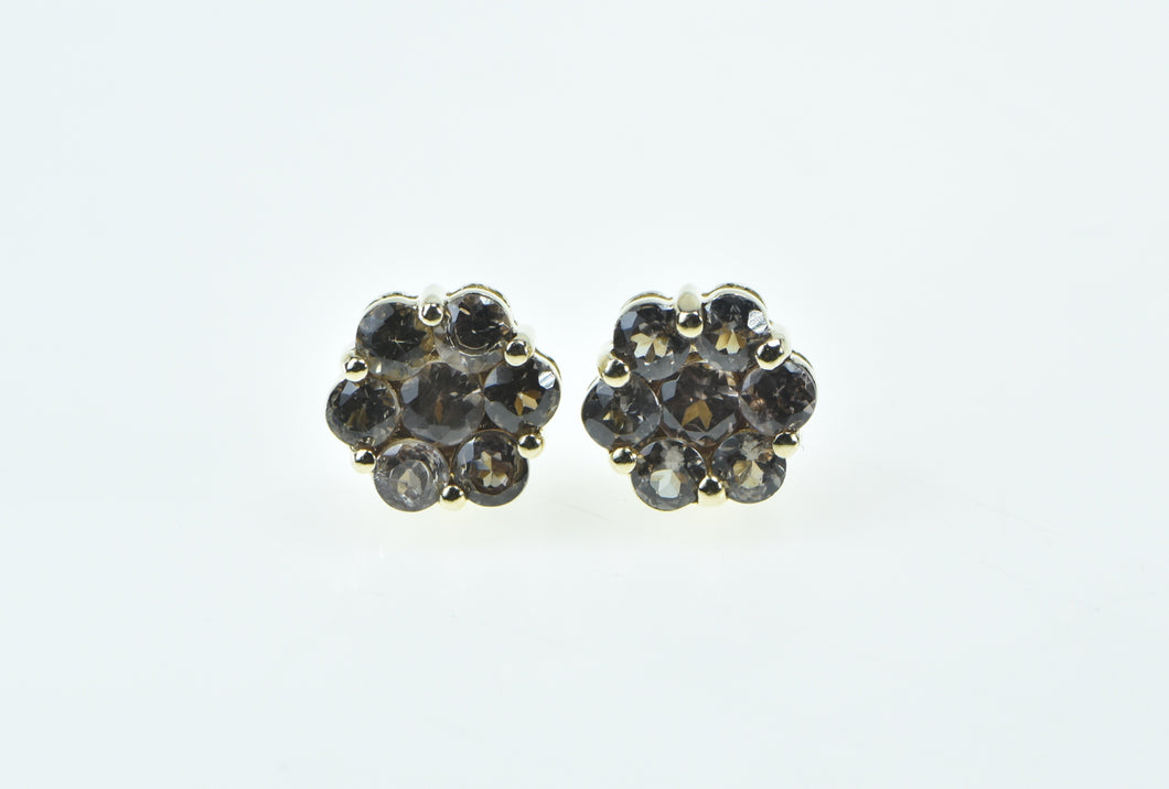 10K Round Smoky Quartz Flower Vintage Cluster Earrings Yellow Gold