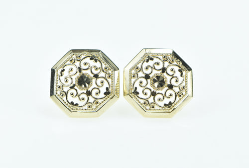 10K Octagon Vintage Filigree Ornate Statement Stud Earrings Yellow Gold