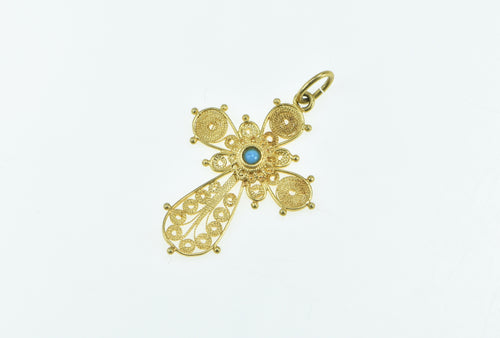 18K Turquoise Filigree Cross Christian Faith Pendant Yellow Gold