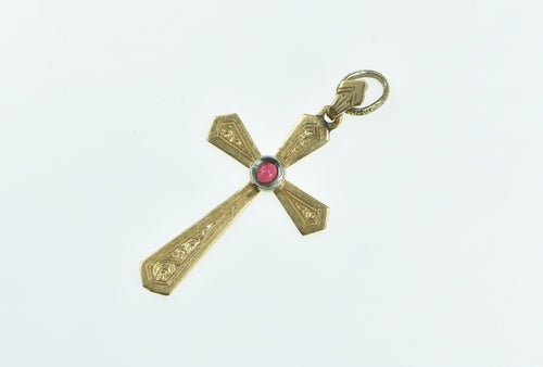 18K Vintage Natural Ruby Ornate Cross Christian Pendant Yellow Gold