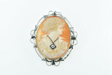 Load image into Gallery viewer, 14K Filigree Carved Shell Cameo Diamond Lady Pendant/Pin White Gold