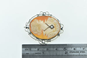 14K Filigree Carved Shell Cameo Diamond Lady Pendant/Pin White Gold