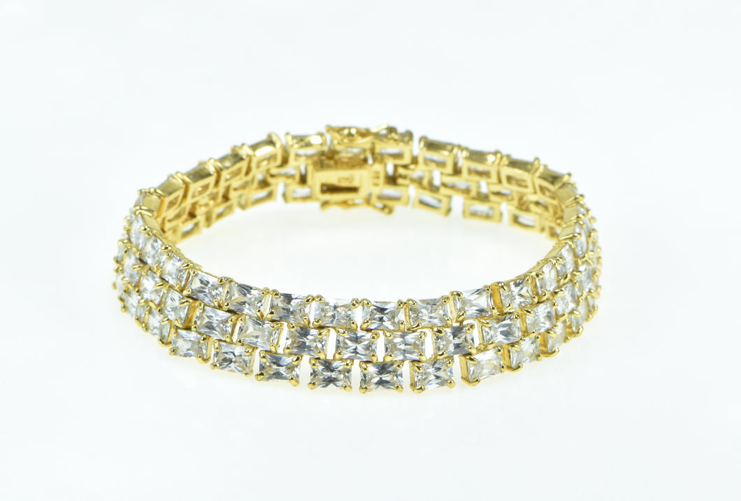 Sterling Silver Gold Plated Layered Radiant Cut Tennis CZ Bracelet 7.5