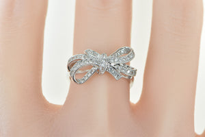 14K Ornate 3D Bow Ribbon Forget Me Not CZ Ring White Gold