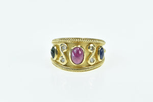 18K Ornate Ruby Sapphire Diamond Etruscan Revival Ring Yellow Gold