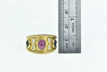 Load image into Gallery viewer, 18K Ornate Ruby Sapphire Diamond Etruscan Revival Ring Yellow Gold