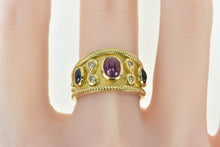 Load image into Gallery viewer, 18K Ornate Ruby Sapphire Diamond Etruscan Revival Ring Yellow Gold