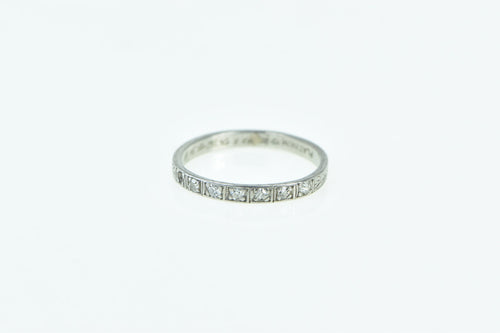 Platinum Art Deco Diamond Leaf Pattern Wedding Band Ring