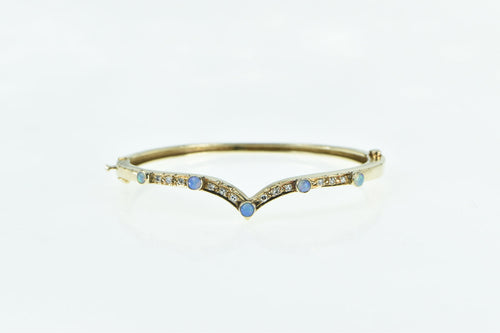 14K Chevron Opal Diamond Ornate Vintage Bangle Bracelet 6.25