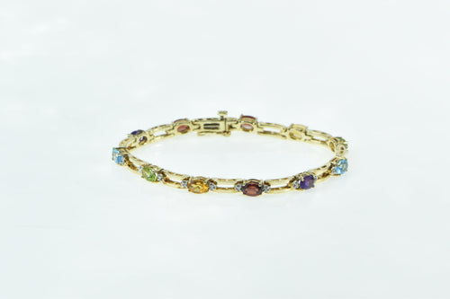 14K Vintage Rainbow Gemstone Diamond Bar Link Bracelet 7