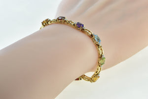 14K Vintage Rainbow Gemstone Diamond Bar Link Bracelet 7" Yellow Gold