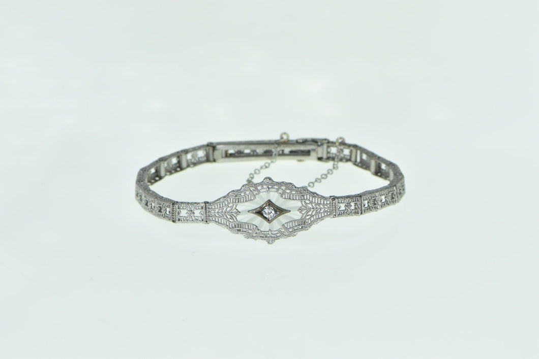 10K Art Deco Diamond Camphor Glass Filigree Bracelet 6.75