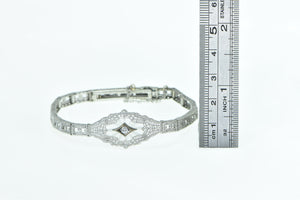 10K Art Deco Diamond Camphor Glass Filigree Bracelet 6.75" White Gold