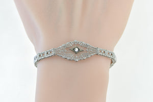 10K Art Deco Diamond Camphor Glass Filigree Bracelet 6.75" White Gold