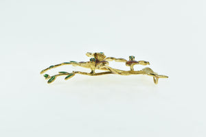 14K 1960's Emerald Enamel Flower Vine Branch Pendant Yellow Gold