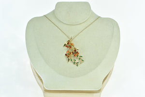 14K 1960's Emerald Enamel Flower Vine Branch Pendant Yellow Gold