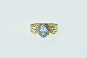 14K Pear Blue Topaz Diamond Chevron Statement Ring Yellow Gold