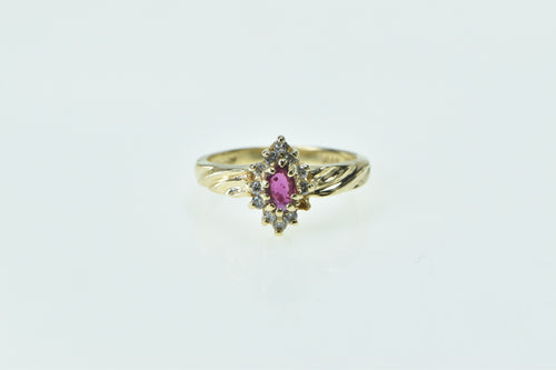 14K Marquise Ruby Diamond Halo Vintage Ring Yellow Gold