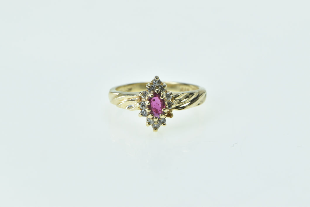 14K Marquise Ruby Diamond Halo Vintage Ring Yellow Gold