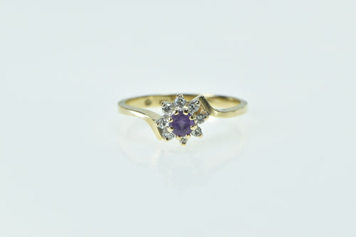 14K Round Amethyst Diamond Halo Flower Bypass Ring Yellow Gold