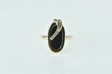 Load image into Gallery viewer, 10K Oval Black Onyx Wavy Diamond Leaf Overlay Ring Yellow Gold