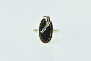 10K Oval Black Onyx Wavy Diamond Leaf Overlay Ring Yellow Gold