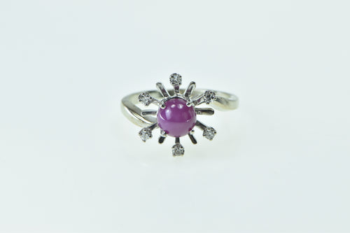 14K 1960's Syn. Pink Star Sapphire Diamond Flower Ring White Gold