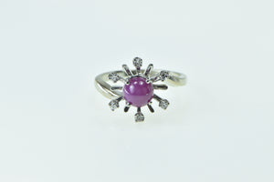 14K 1960's Syn. Pink Star Sapphire Diamond Flower Ring White Gold