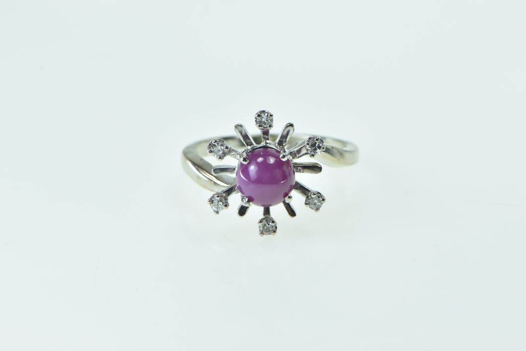 14K 1960's Syn. Pink Star Sapphire Diamond Flower Ring White Gold