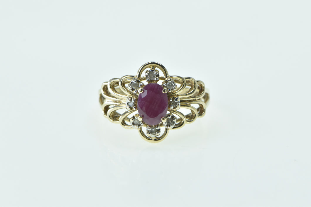 10K Natural Ruby Diamond Halo Vintage Statement Ring Yellow Gold