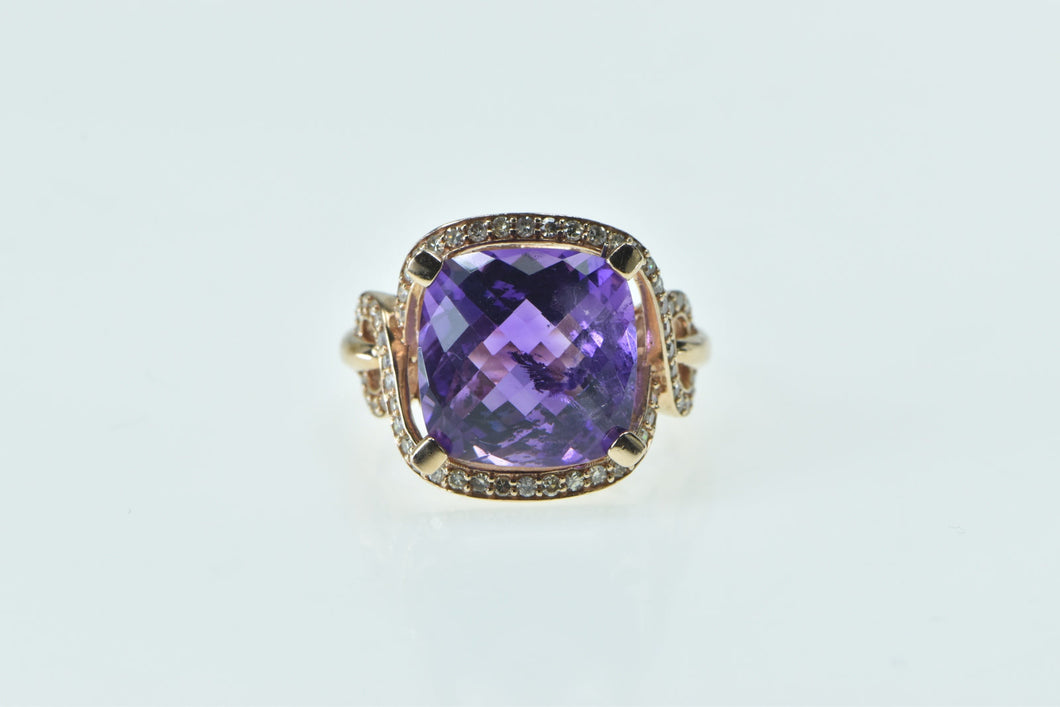 10K Cushion Amethyst Diamond Halo Twist Statement Ring Rose Gold