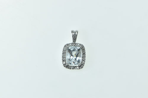 10K Faceted Aquamarine Diamond Halo Vintage Pendant White Gold