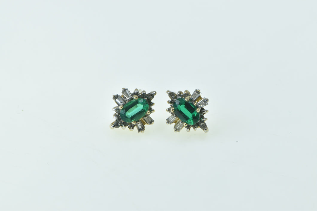 10K Oval Syn. Emerald Diamond Halo Statement Stud Earrings Yellow Gold