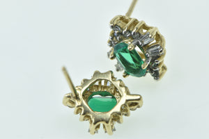 10K Oval Syn. Emerald Diamond Halo Statement Stud Earrings Yellow Gold