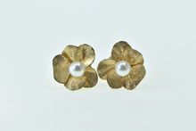 Load image into Gallery viewer, 14K 5.4mm Pearl Pansy Flower Vintage Stud Earrings Yellow Gold