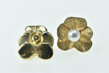 Load image into Gallery viewer, 14K 5.4mm Pearl Pansy Flower Vintage Stud Earrings Yellow Gold