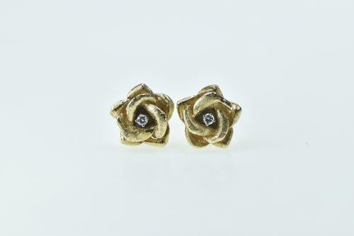 14K Diamond 3D Rose Flower Romantic Stud Earrings Yellow Gold