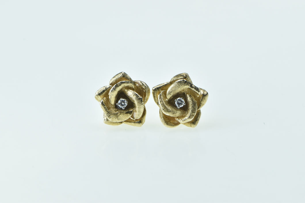 14K Diamond 3D Rose Flower Romantic Stud Earrings Yellow Gold