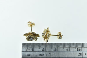 14K Diamond 3D Rose Flower Romantic Stud Earrings Yellow Gold