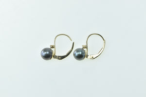 14K Vintage 6.6mm Tahitian Pearl Diamond Lever Earrings Yellow Gold