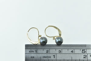 14K Vintage 6.6mm Tahitian Pearl Diamond Lever Earrings Yellow Gold