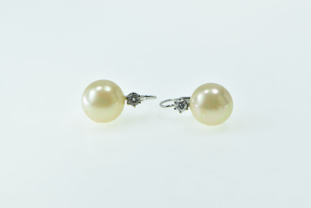 14K 1950's 11.5mm Pearl Diamond Lever Back Earrings White Gold