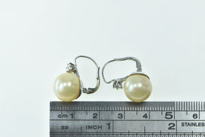 14K 1950's 11.5mm Pearl Diamond Lever Back Earrings White Gold