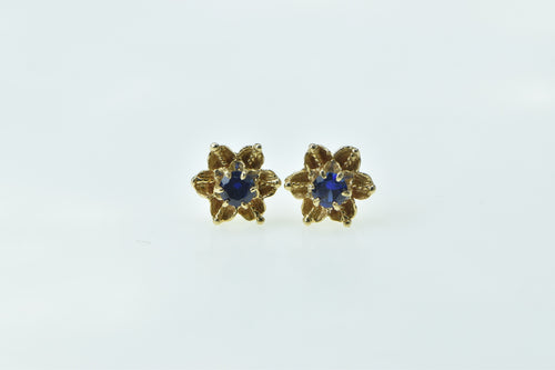 14K Vintage Sapphire Ornate Flower Stud Earrings Yellow Gold